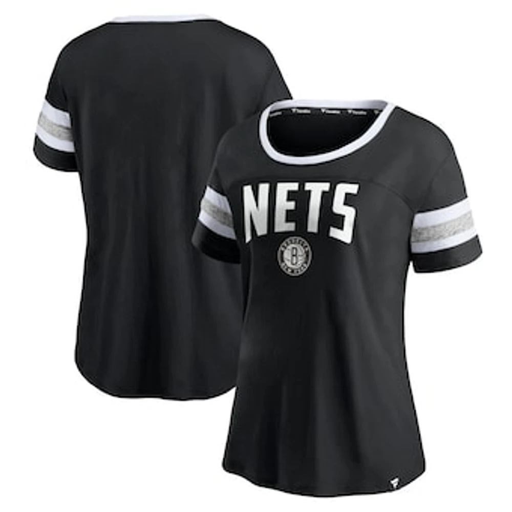 Women's Fanatics Black/Heathered Gray Brooklyn Nets Block Party Striped Sleeve T-Shirt