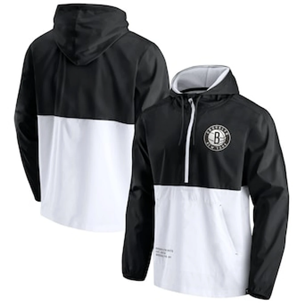 Men's Fanatics Black/White Brooklyn Nets Anorak Block Party Windbreaker Half-Zip Hoodie Jacket