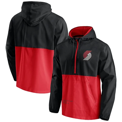 Men's Fanatics Black/Red Portland Trail Blazers Anorak Block Party Windbreaker Half-Zip Hoodie Jacket