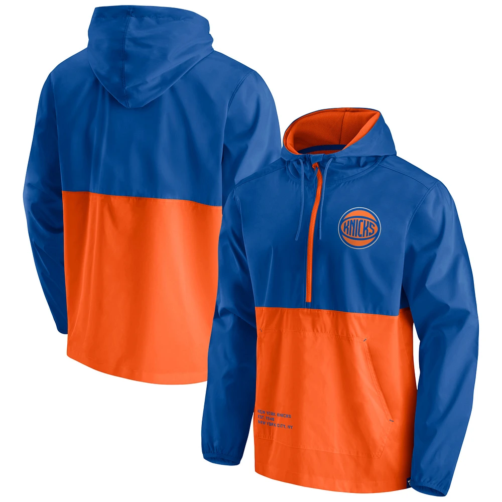 Men's Fanatics Blue/Orange New York Knicks Anorak Block Party Windbreaker Half-Zip Hoodie Jacket