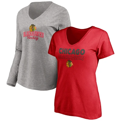 Women's Red/Heathered Gray Chicago Blackhawks Short Sleeve & Long Sleeve V-Neck T-Shirt Combo Pack