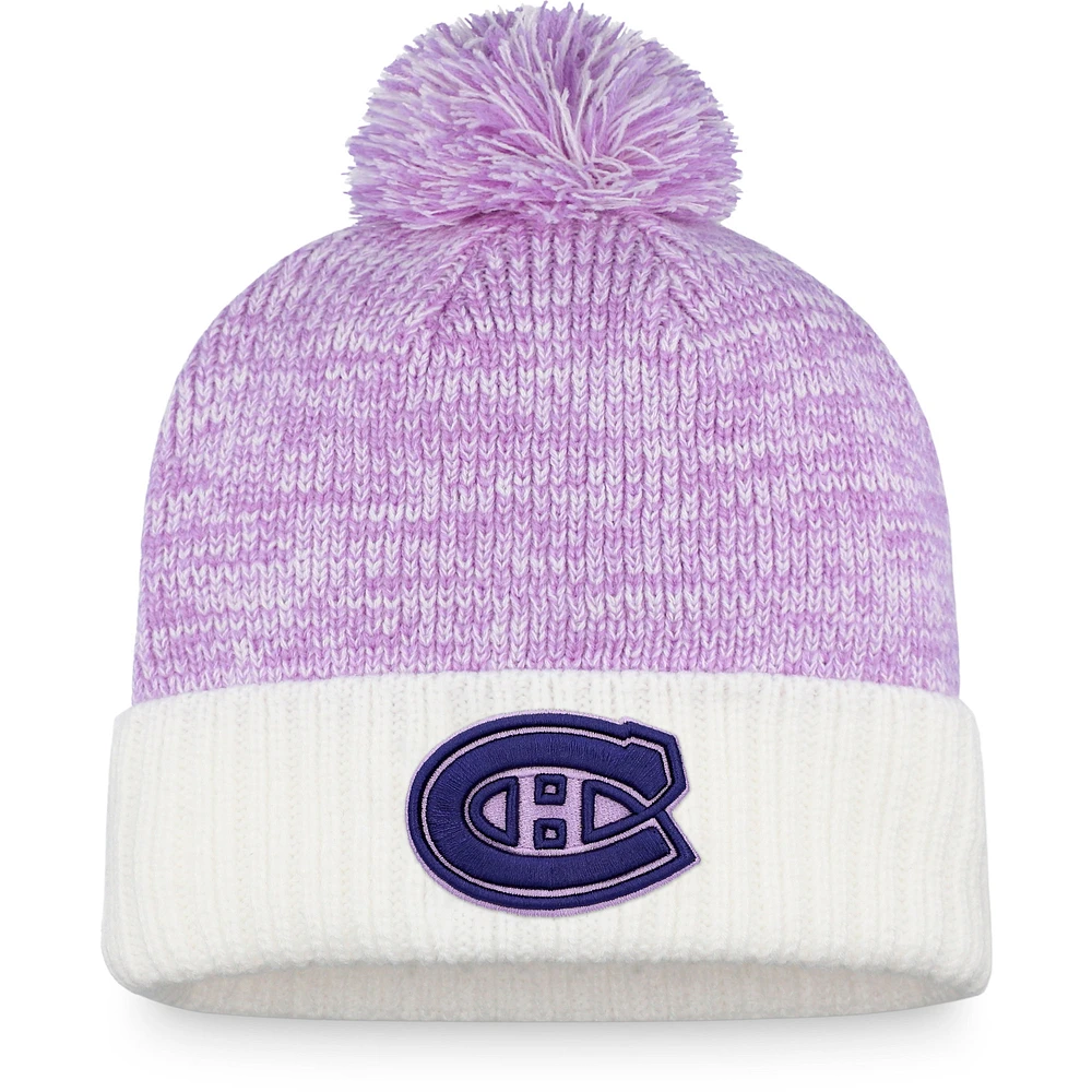 Men's Fanatics Purple/White Montreal Canadiens 2021 Hockey Fights Cancer - Cuffed Knit Hat with Pom