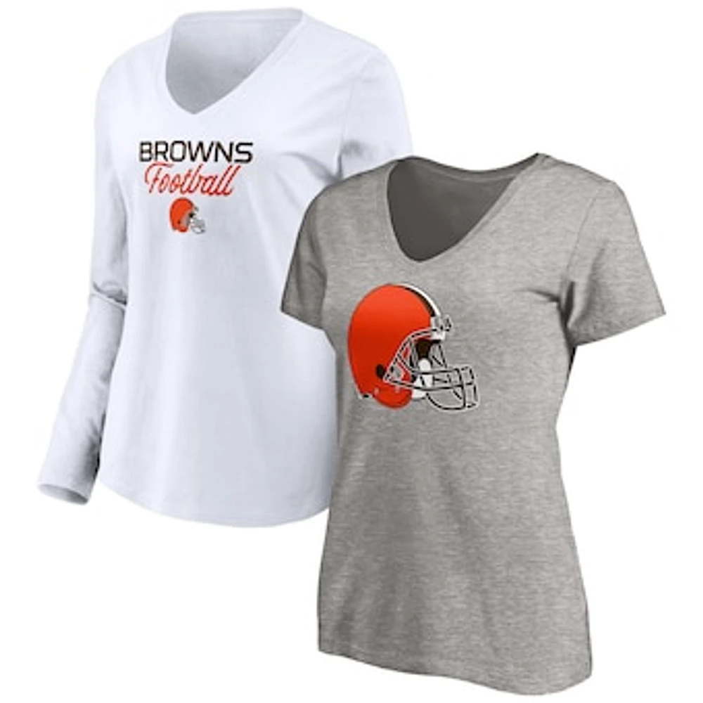 Women's Fanatics Heathered Gray/White Cleveland Browns - V-Neck T-Shirt Combo Pack