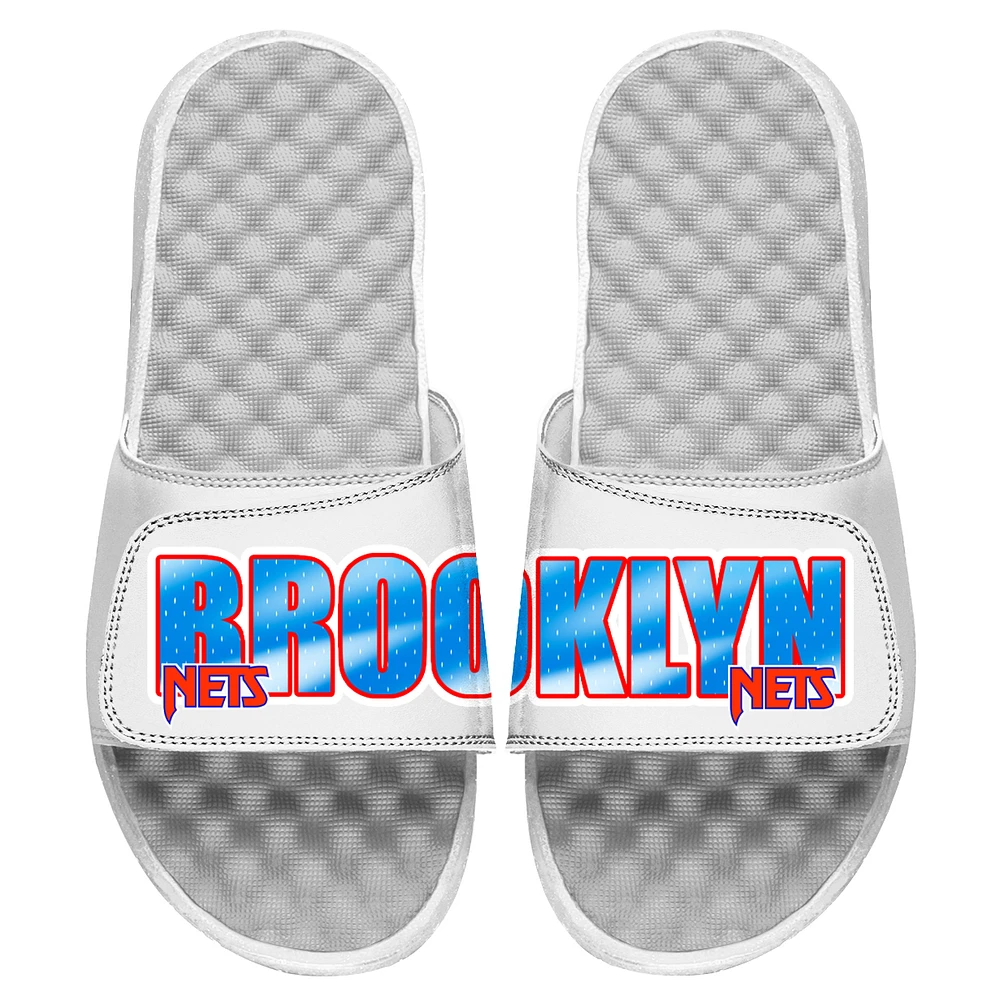 Men's ISlide White Brooklyn Nets Classic Wordmark Split Slide Sandals