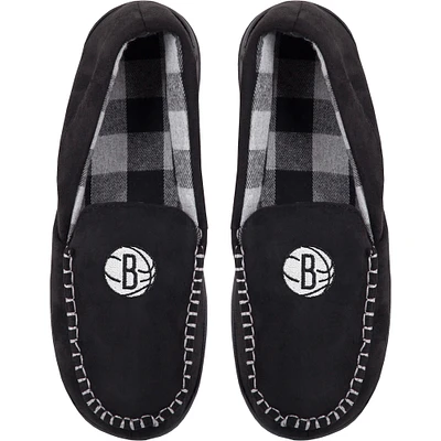 Men's FOCO Brooklyn Nets Team Logo Flannel Moccasin Slippers