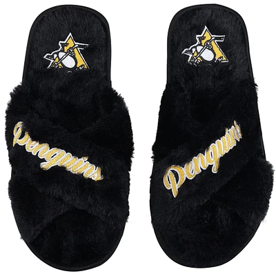 Women's FOCO Pittsburgh Penguins Script Cross Slide Slippers