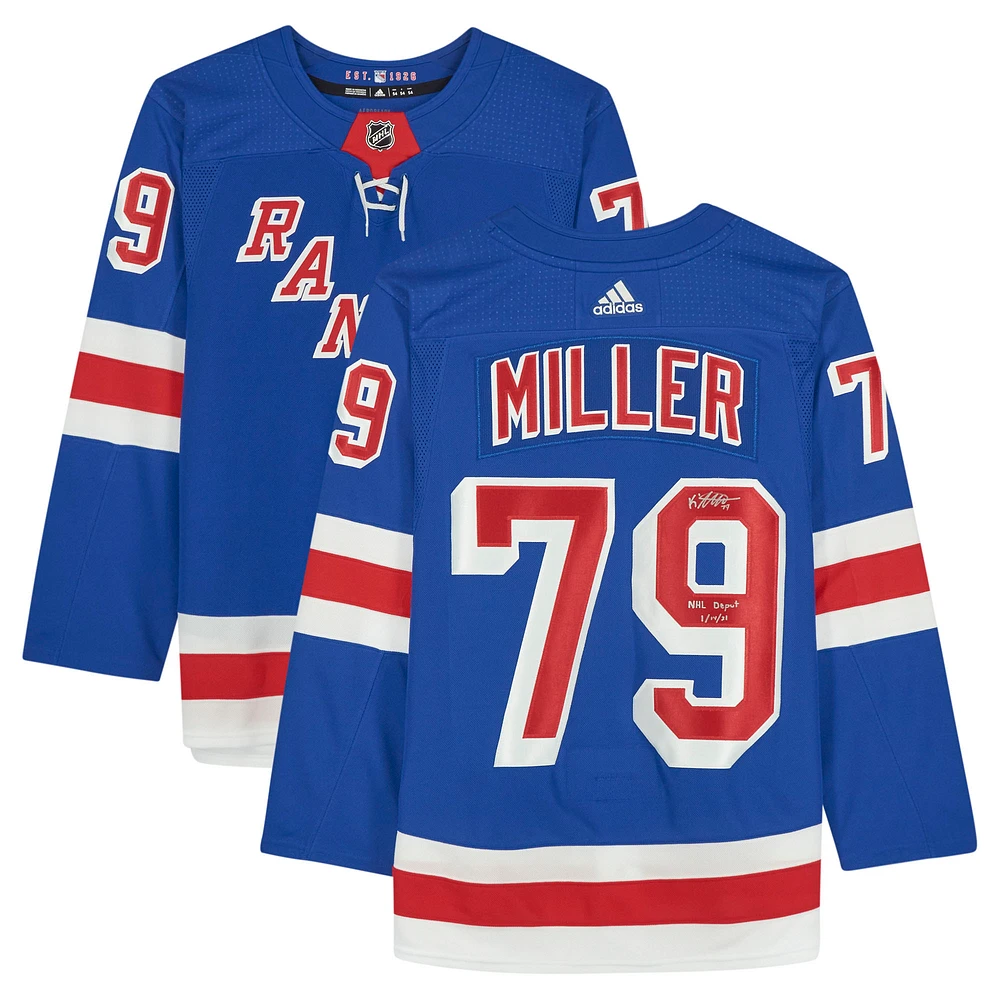 K'Andre Miller New York Rangers Autographed Blue Adidas Authentic Jersey with "NHL Debut 1/14/21" Inscription