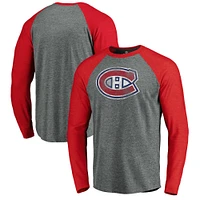 Men's Fanatics Heathered Gray/Heathered Red Montreal Canadiens Team - Tri-Blend Raglan Long Sleeve T-Shirt