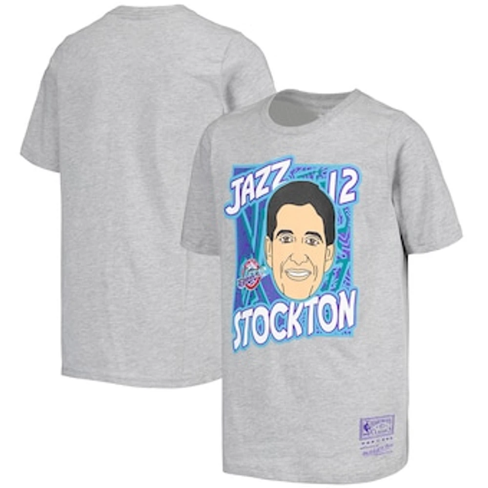 Youth Mitchell & Ness John Stockton Gray Utah Jazz Hardwood Classics King of the Court Player T-Shirt