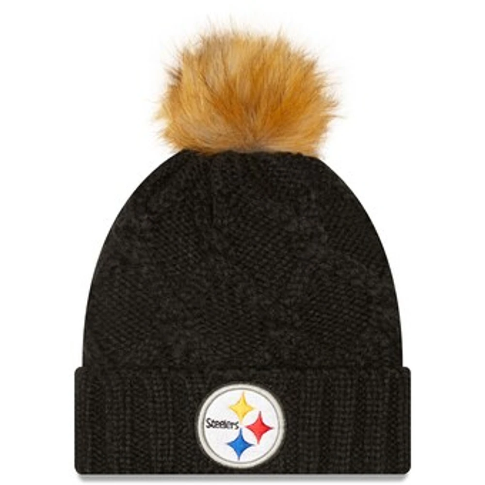 Women's New Era Black Pittsburgh Steelers Luxe - Cuffed Knit Hat with Pom