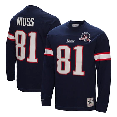 Men's Mitchell & Ness Randy Moss Navy New England Patriots Retired Player Name Number Long Sleeve Top