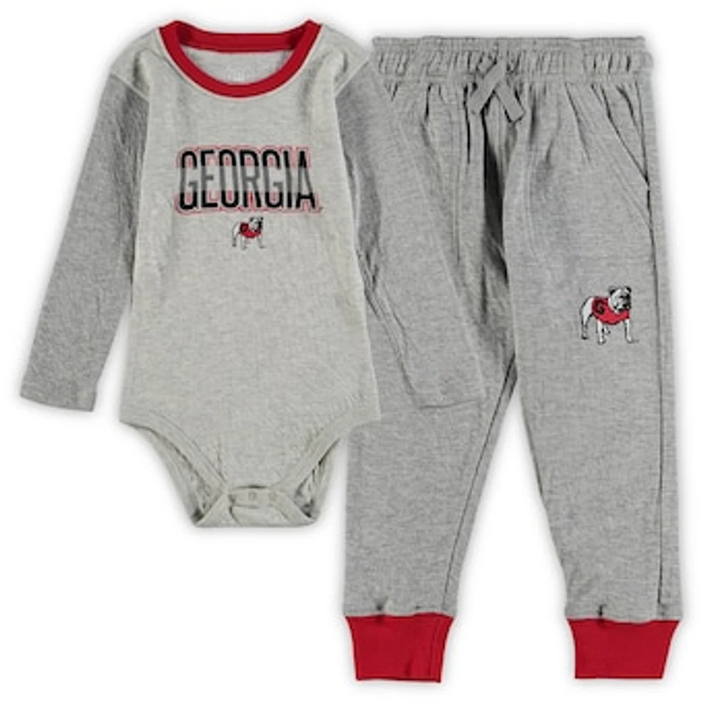 Infant Wes & Willy Heathered Gray/Red Georgia Bulldogs Jie Long Sleeve Bodysuit Pants Set