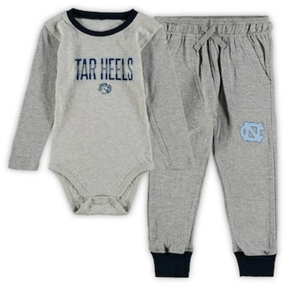 Infant Wes & Willy Heathered Gray/Navy North Carolina Tar Heels Jie Jie Long Sleeve Bodysuit & Pants Set