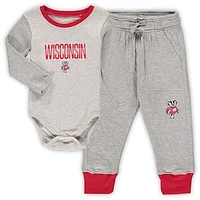 Infant Wes & Willy Heathered Gray/Red Wisconsin Badgers Jie Jie Long Sleeve Bodysuit & Pants Set