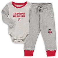 Infant Wes & Willy Heathered Gray/Red Wisconsin Badgers Jie Jie Long Sleeve Bodysuit & Pants Set