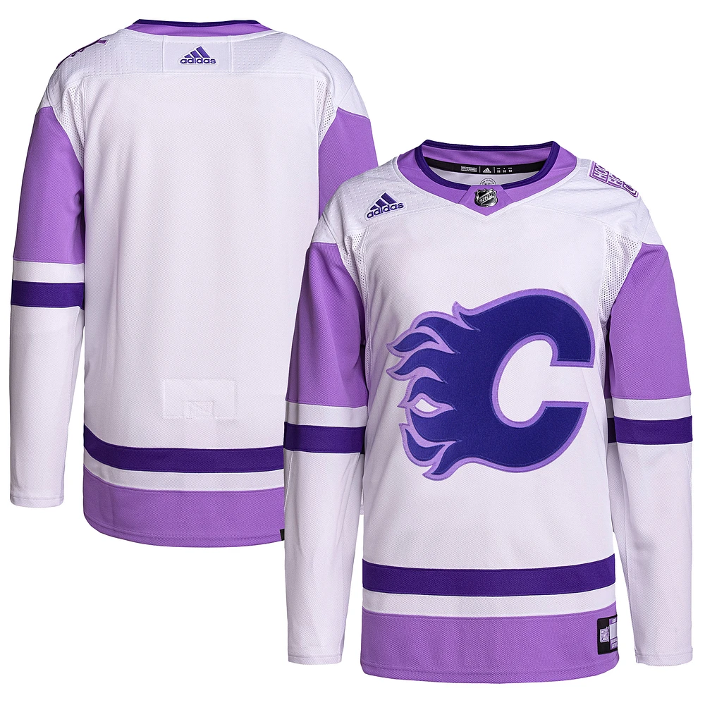 Men's adidas White/Purple Calgary Flames - Hockey Fights Cancer Primegreen Authentic Blank Jersey