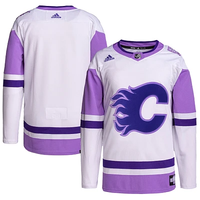 Men's adidas White/Purple Calgary Flames - Hockey Fights Cancer Primegreen Authentic Blank Jersey