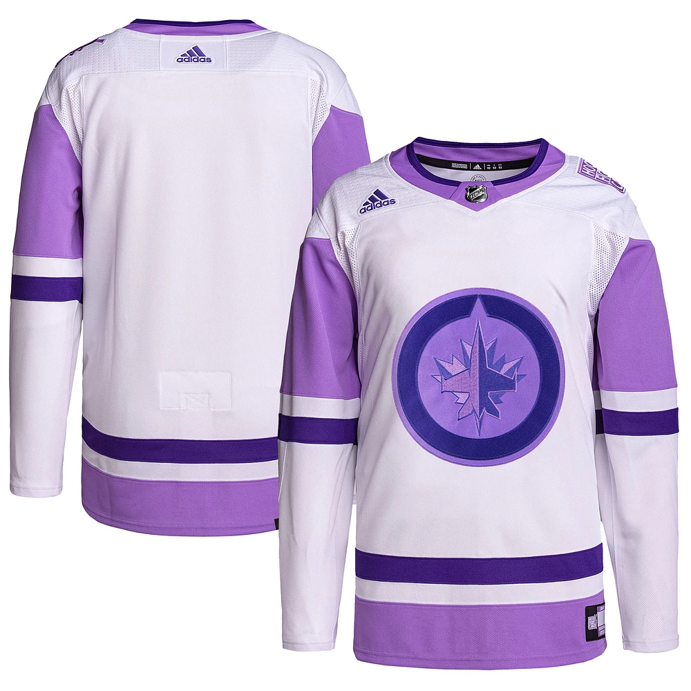 Men's adidas White/Purple Winnipeg Jets - Hockey Fights Cancer Primegreen Authentic Blank Jersey