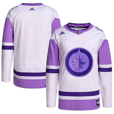 Men's adidas White/Purple Winnipeg Jets - Hockey Fights Cancer Primegreen Authentic Blank Jersey