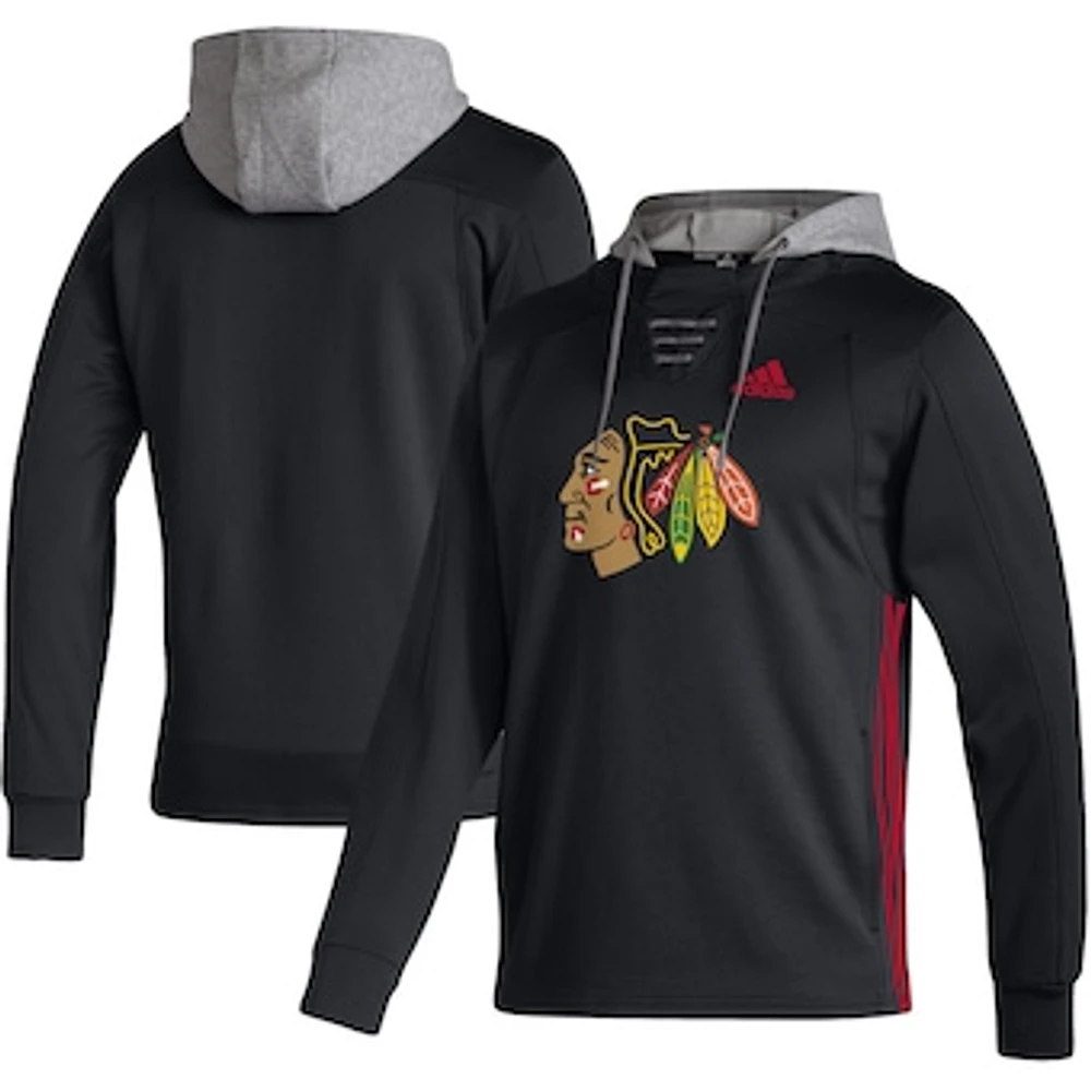 Men's adidas Black Chicago Blackhawks Skate Lace AEROREADY Pullover Hoodie