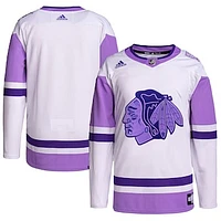 Men's adidas White/Purple Chicago Blackhawks Hockey Fights Cancer Primegreen Authentic Blank Practice Jersey