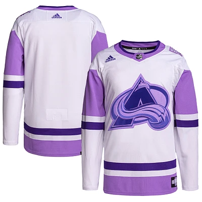 Men's adidas White/Purple Colorado Avalanche Hockey Fights Cancer Primegreen Authentic Blank Practice Jersey