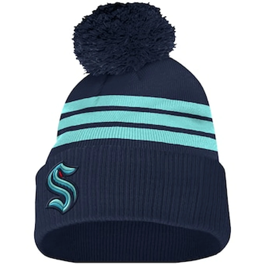 Men's adidas Deep Sea Blue Seattle Kraken Three Stripe - Cuffed Knit Hat with Pom