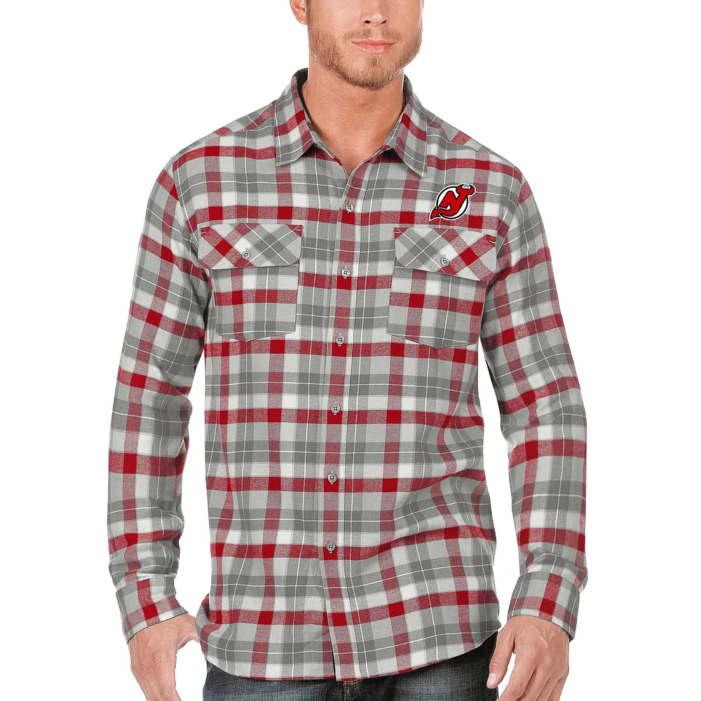 Men's Antigua Red/Gray New Jersey Devils Ease Plaid Button-Up Long Sleeve Shirt