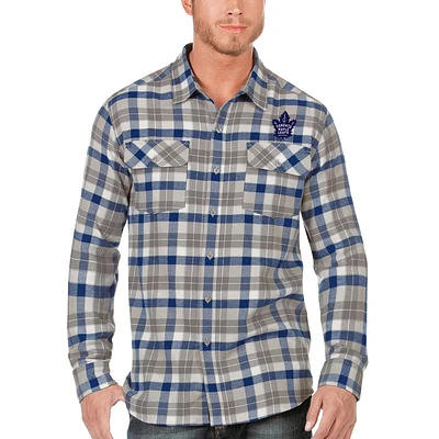 Men's Antigua Blue/Gray Toronto Maple Leafs Ease Plaid Button-Up Long Sleeve Shirt