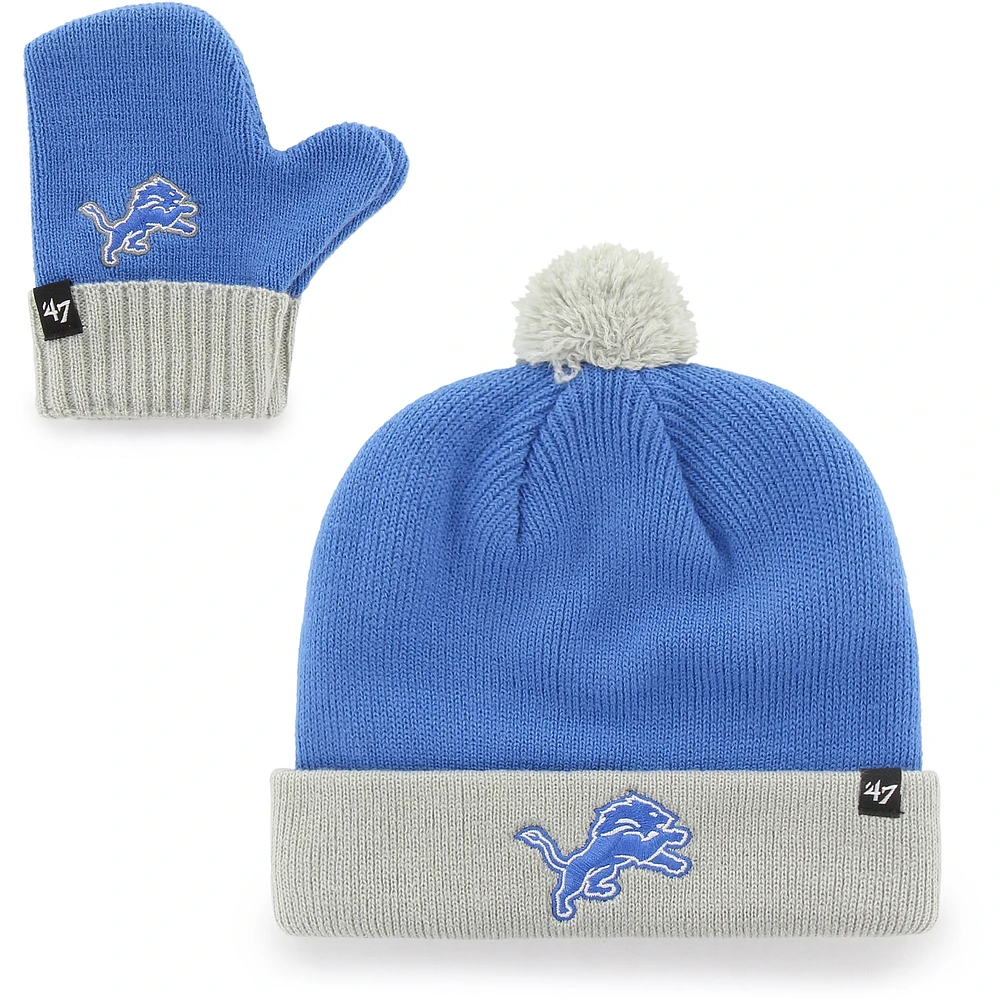 Toddler '47 Blue/Silver Detroit Lions Bam Bam Cuffed Knit Hat with Pom and Mittens Set