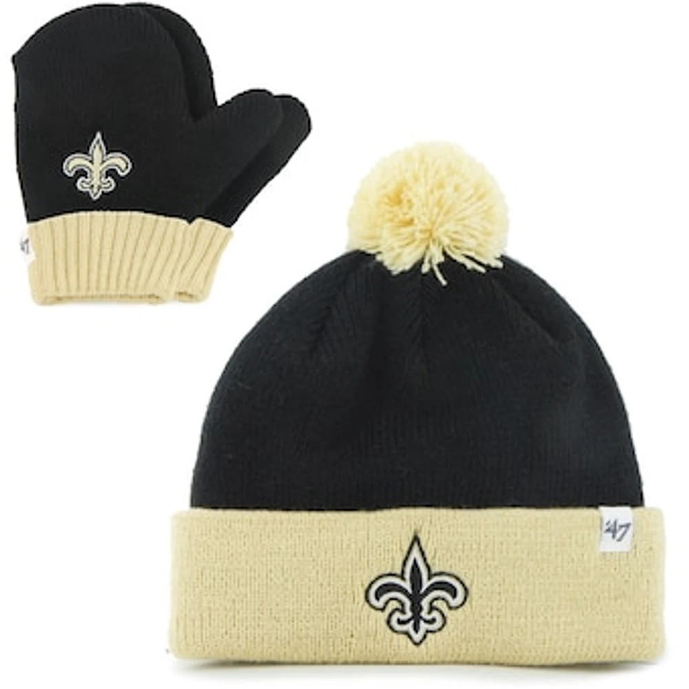 Toddler '47 Black/Gold New Orleans Saints Bam Bam Cuffed Knit Hat with Pom and Mittens Set