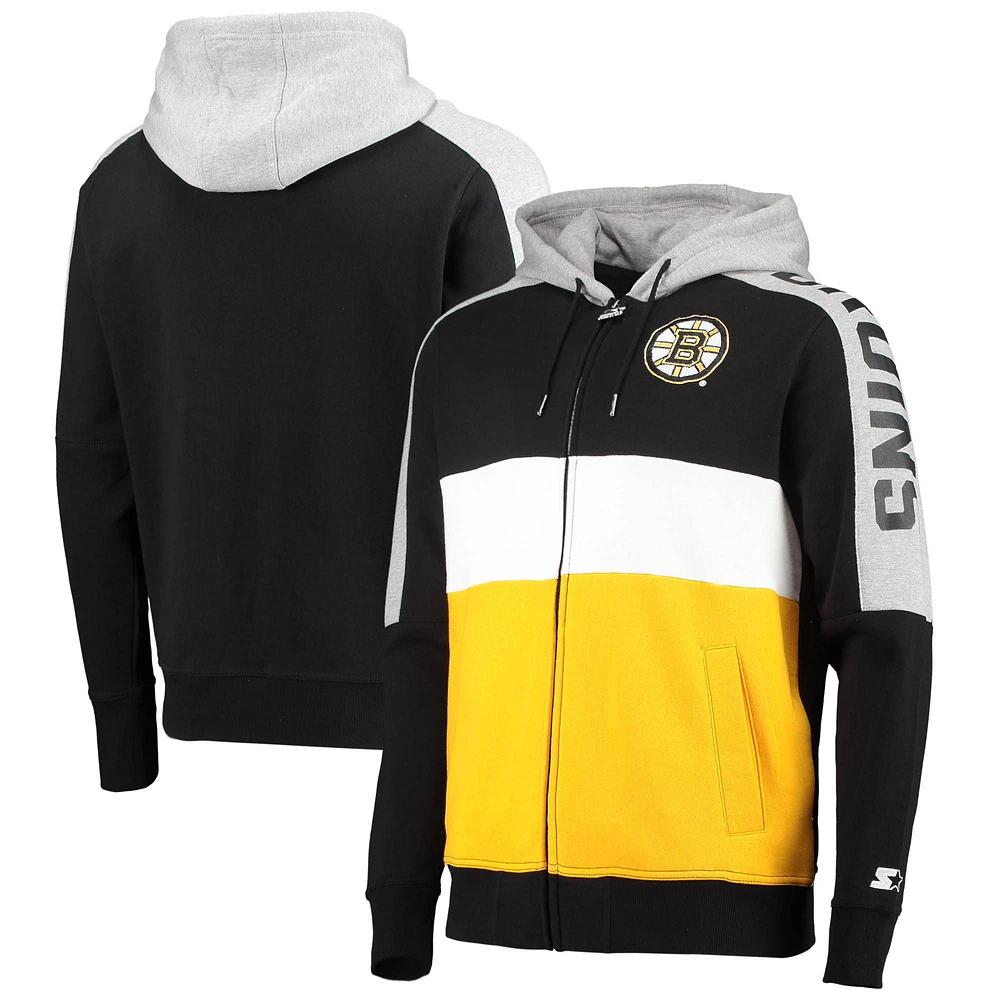 Men's Starter Black/Gold Boston Bruins Playoffs Color Block Full-Zip Hoodie