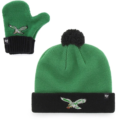 Infant '47 Midnight Green/Black Philadelphia Eagles Bam Bam Cuffed Knit Hat with Pom and Mittens Set