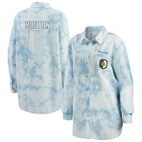 Women's WEAR by Erin Andrews White Boston Bruins Oversized Tie-Dye Button-Up Denim Shirt