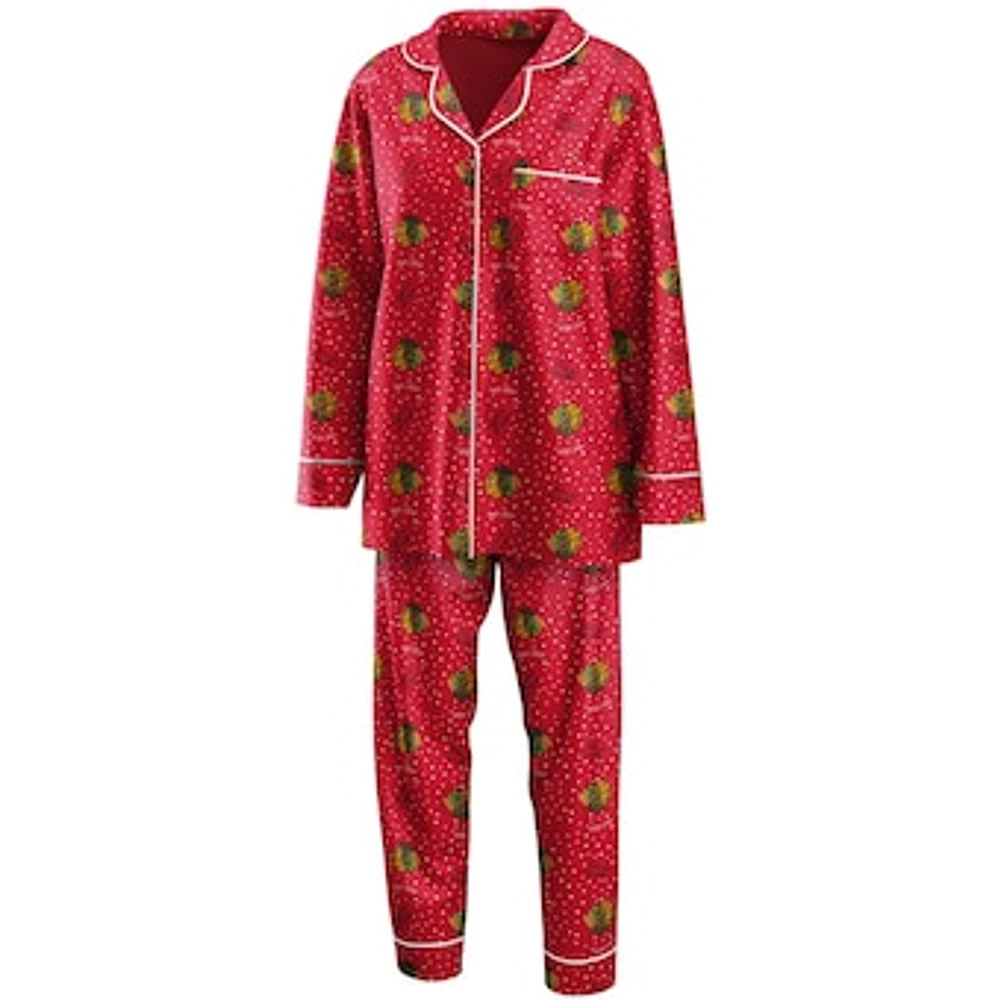 Women's WEAR by Erin Andrews Red Chicago Blackhawks Long Sleeve Button-Up Shirt & Pants Sleep Set