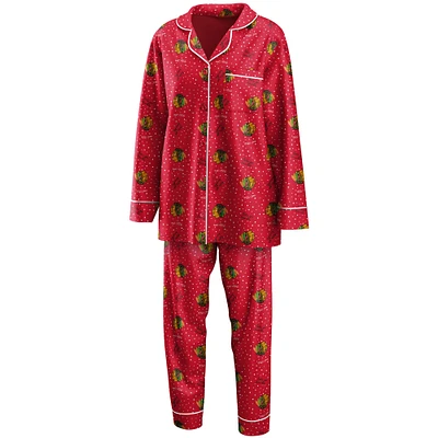 Women's WEAR by Erin Andrews Red Chicago Blackhawks Long Sleeve Button-Up Shirt & Pants Sleep Set