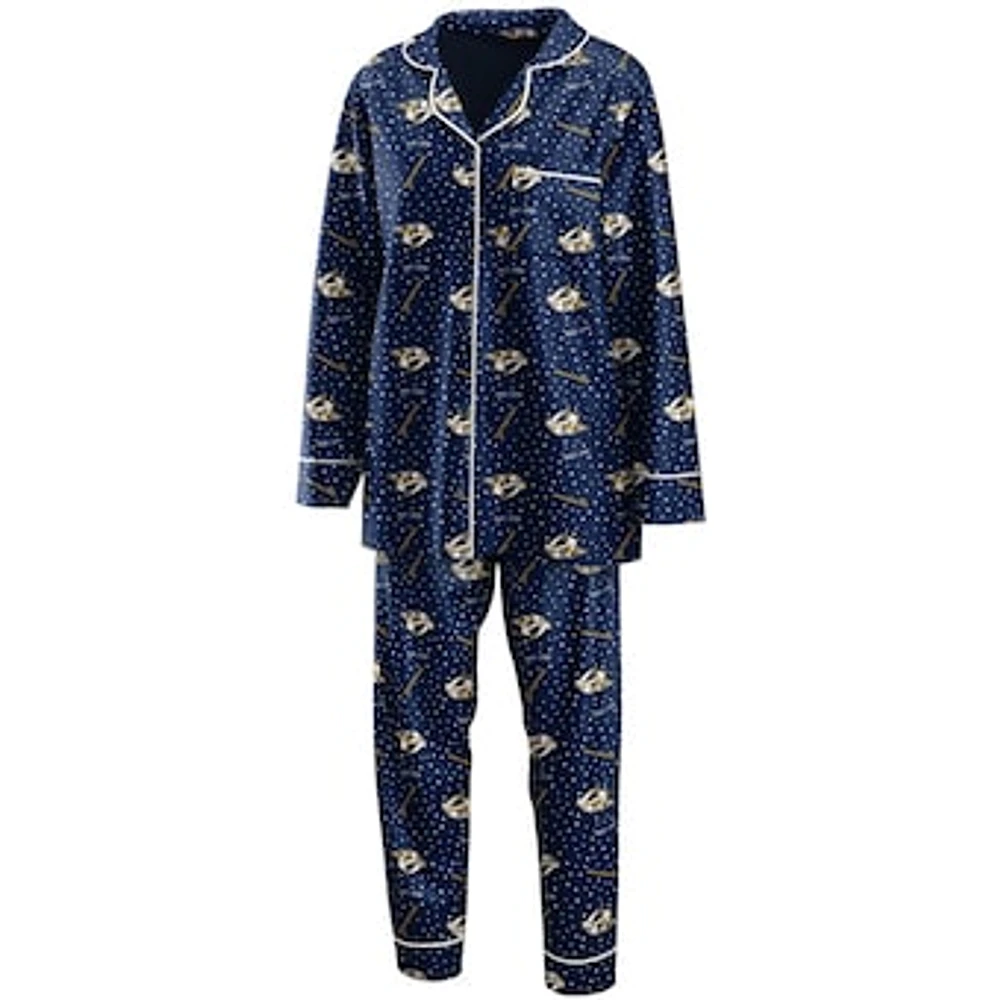 Women's WEAR by Erin Andrews Navy Nashville Predators Long Sleeve Button-Up Shirt & Pants Sleep Set