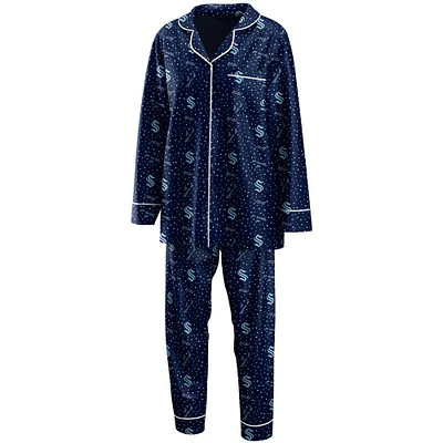 Women's WEAR by Erin Andrews Deep Sea Blue Seattle Kraken Long Sleeve Button-Up Shirt & Pants Sleep Set