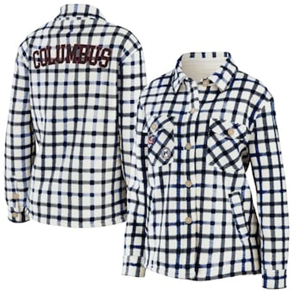 Women's WEAR by Erin Andrews Oatmeal Columbus Blue Jackets Plaid Button-Up Shirt Jacket