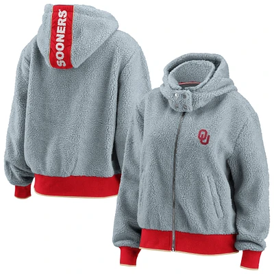 Women's WEAR by Erin Andrews Gray Oklahoma Sooners Sherpa Full-Zip Hoodie