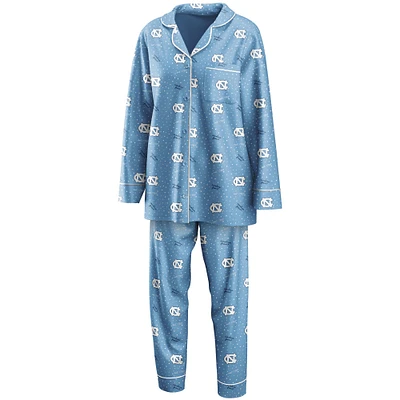 Women's WEAR by Erin Andrews Carolina Blue North Carolina Tar Heels Long Sleeve Button-Up Shirt & Pants Sleep Set