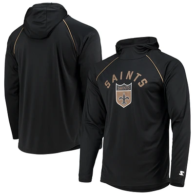 Men's Starter Black New Orleans Saints Throwback Raglan Hoodie Long Sleeve T-Shirt