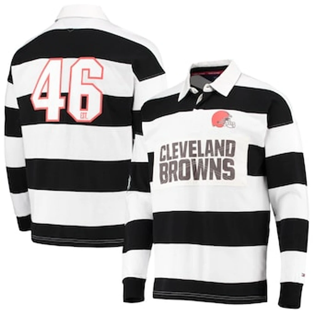 Men's Tommy Hilfiger Black/White Cleveland Browns Varsity Stripe Rugby Long Sleeve Polo