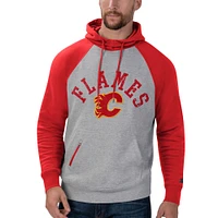 Men's Starter Heathered Gray/Red Calgary Flames Home Run Raglan Pullover - Hoodie