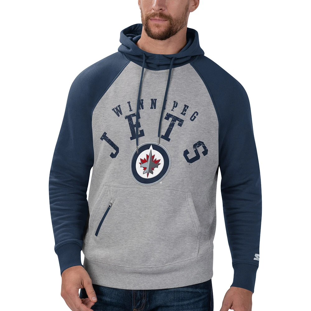 Men's Starter Heathered Gray/Navy Winnipeg Jets Home Run Raglan Pullover - Hoodie