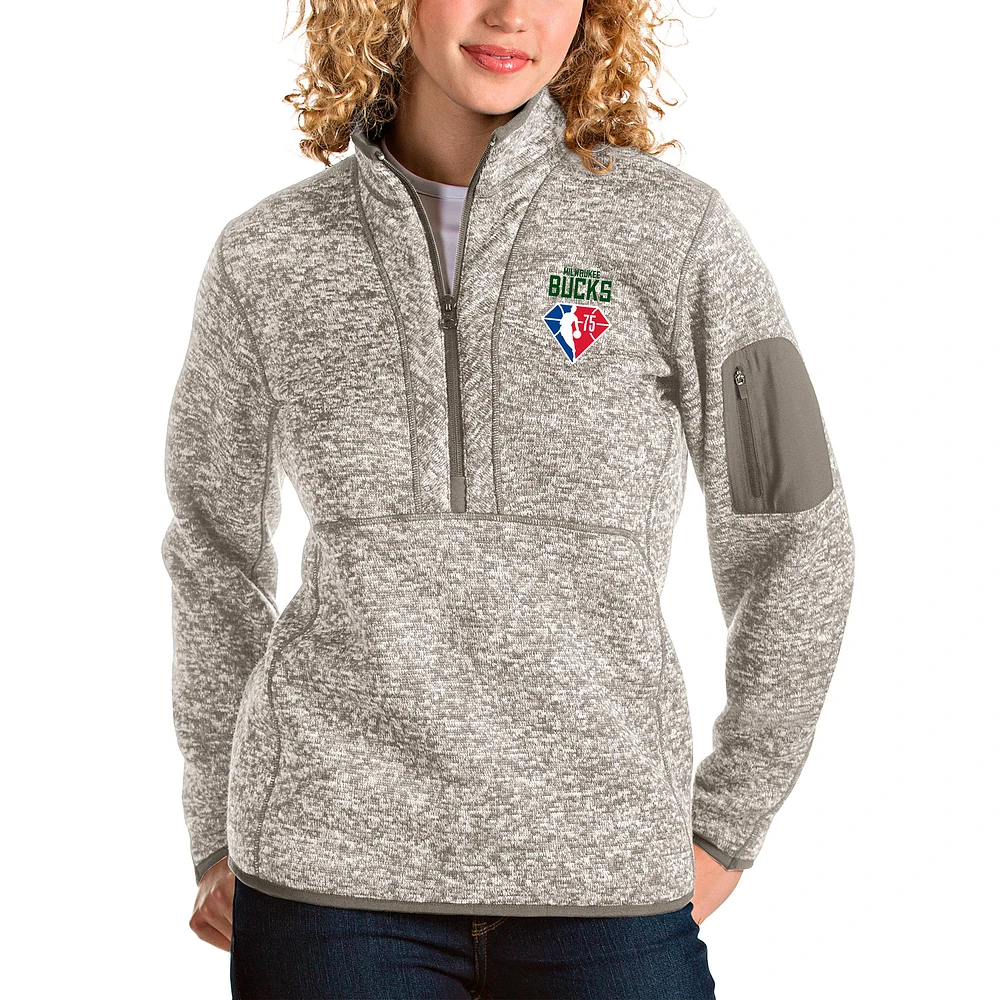 Women's Antigua Tan Milwaukee Bucks NBA 75th Anniversary Fortune Quarter-Zip Pullover Jacket