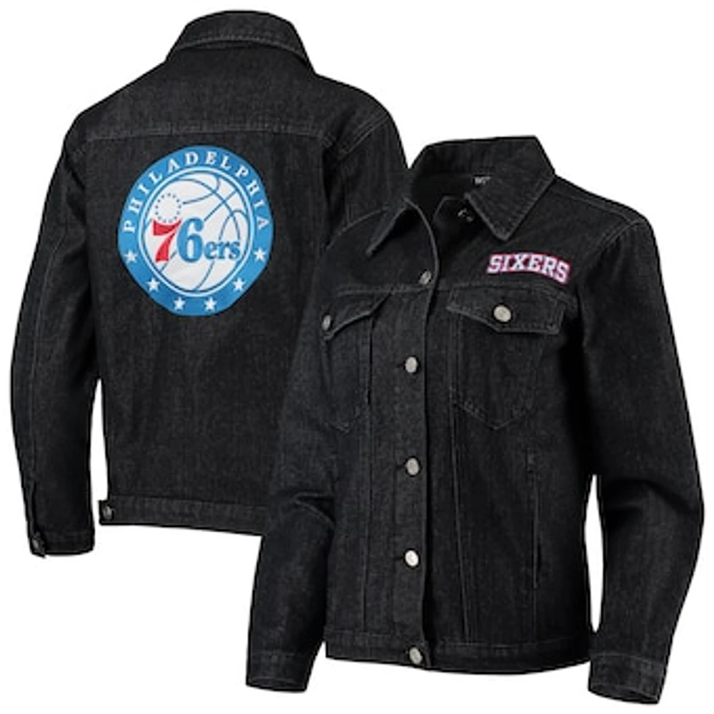 Women's The Wild Collective Black Philadelphia 76ers Patch Denim Button-Up Jacket