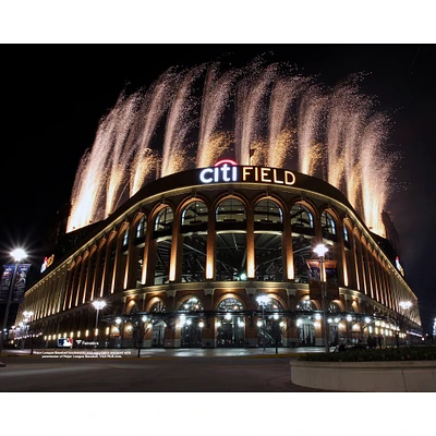 New York Mets Unsigned Fireworks Over Stadium Facade Exterior View Photograph