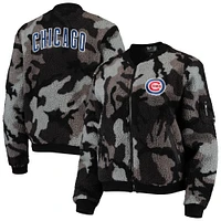 Women's The Wild Collective Black Chicago Cubs Camo Sherpa Full-Zip Bomber Jacket