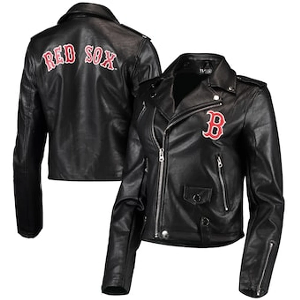 Women's The Wild Collective Black Boston Red Sox Faux Leather Moto Full-Zip Jacket